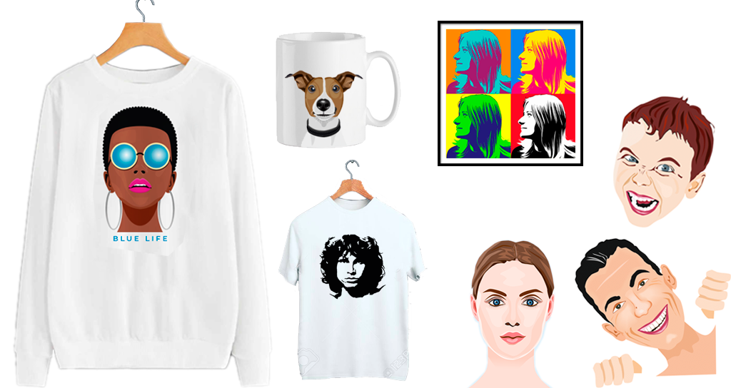 Retratos vectorizados y aplicación sobre diferentes soportes: sudaderas, tazas, camisetas, cuadros...