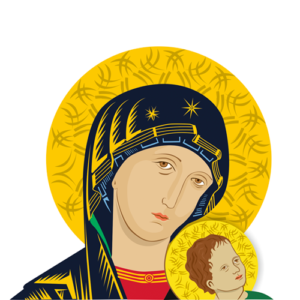 Vectorizado de imagen religiosa de virgen con niño con fondo azul